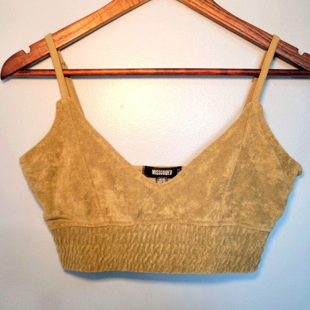 Missguided Toweling Crop Bralette Top Womens Size 6 Green Olive/Army Terry Cloth